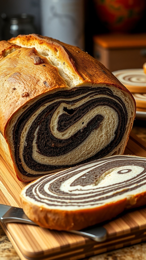 Sliced zebra sourdough bread showing light and dark marbled pattern on a wooden cutting board.